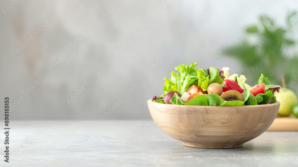 A fresh salad in a wooden bowl, showcasing vibrant greens and colorful vegetables on a light background. A fresh salad in a wooden bowl, showcasing vibrant greens and colorful vegetables on a light background.