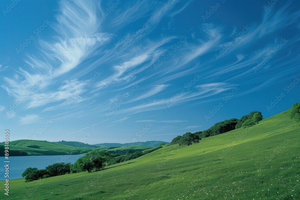 Rolling Green Hills Under a Blue Sky with White Cirrus Clouds Rolling Green Hills Under a Blue Sky with White Cirrus Clouds