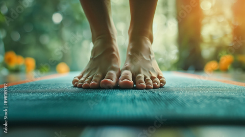 A close-up of barefoot women's feet on a mat while doing exercises at home, emphasizing the connection with the floor and the focus on fitness and well-being.








