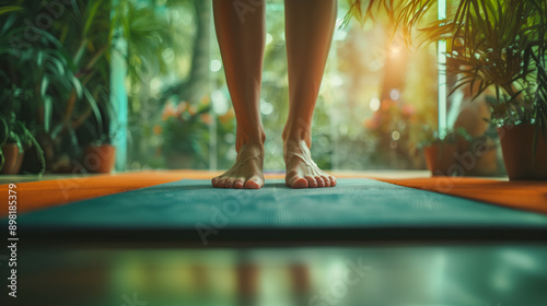 Close-up of barefoot women's feet on a mat while doing exercises at home, emphasizing the connection to the mat and the focus on balance and stability.








