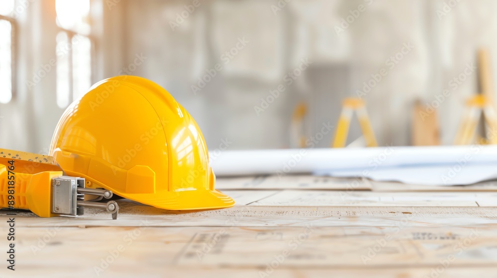 A bright yellow hard hat and measuring tool resting on a wooden surface, representing construction and safety equipment. A bright yellow hard hat and measuring tool resting on a wooden surface, representing construction and safety equipment.