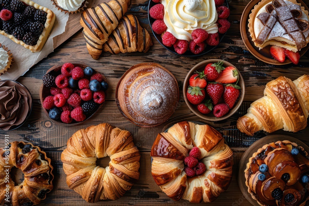 overhead view of artfully arranged sweet pastries on rustic wooden table showcasing variety of textures and colors from flaky croissants to glossy fruit tarts in warm inviting light overhead view of artfully arranged sweet pastries on rustic wooden table showcasing variety of textures and colors from flaky croissants to glossy fruit tarts in warm inviting light