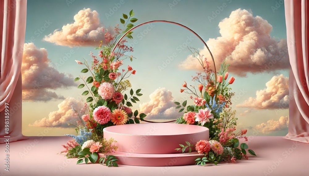 A beautiful floral arrangement encircling a pink display podium, set against a serene sky with fluffy clouds A beautiful floral arrangement encircling a pink display podium, set against a serene sky with fluffy clouds