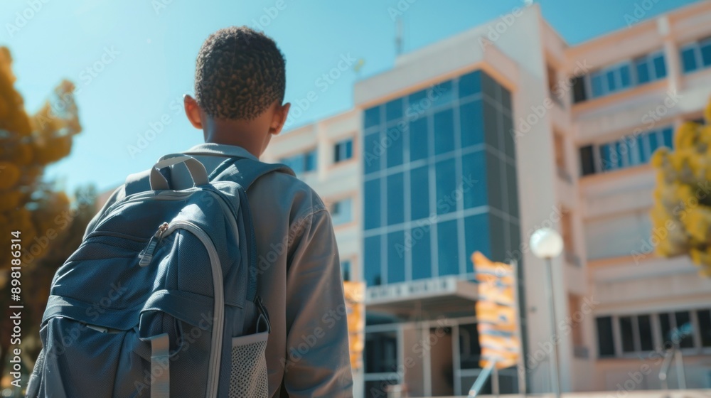 Rear view of African American school boy with backpack against school background