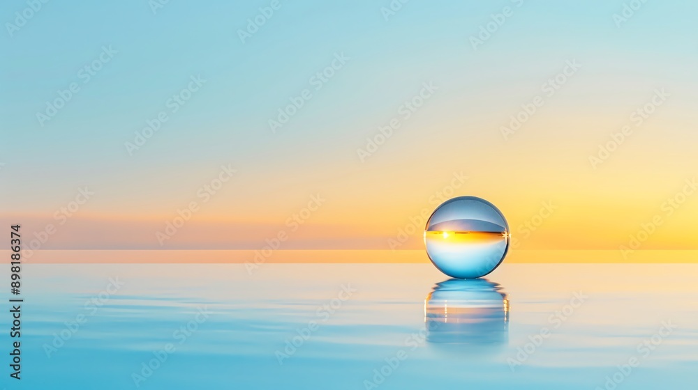 A serene landscape featuring a glass sphere reflecting a tranquil sunset over calm water, creating a peaceful atmosphere. A serene landscape featuring a glass sphere reflecting a tranquil sunset over calm water, creating a peaceful atmosphere.