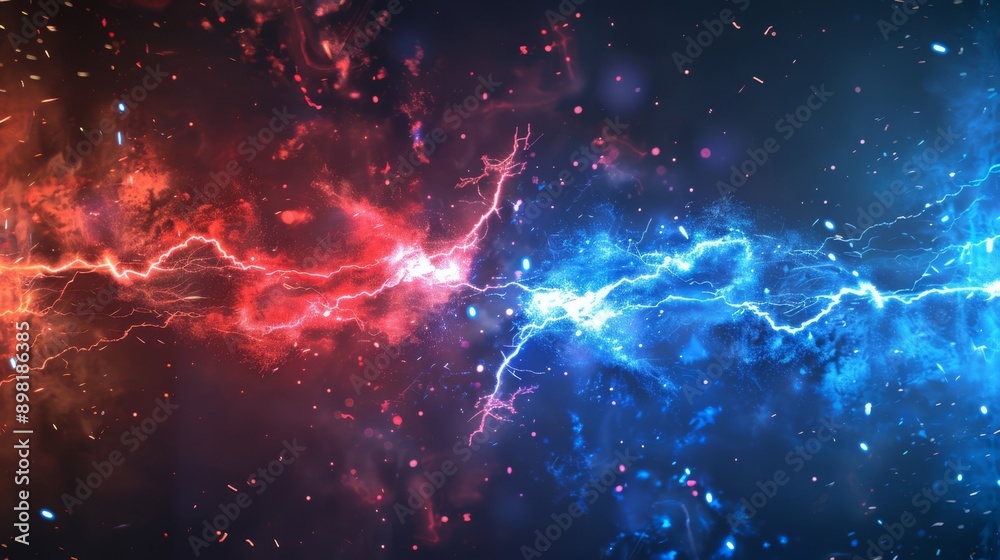3D rendering of red and blue lightning bolts colliding in the center, creating an explosion effect with sparks flying around. 3D rendering of red and blue lightning bolts colliding in the center, creating an explosion effect with sparks flying around.