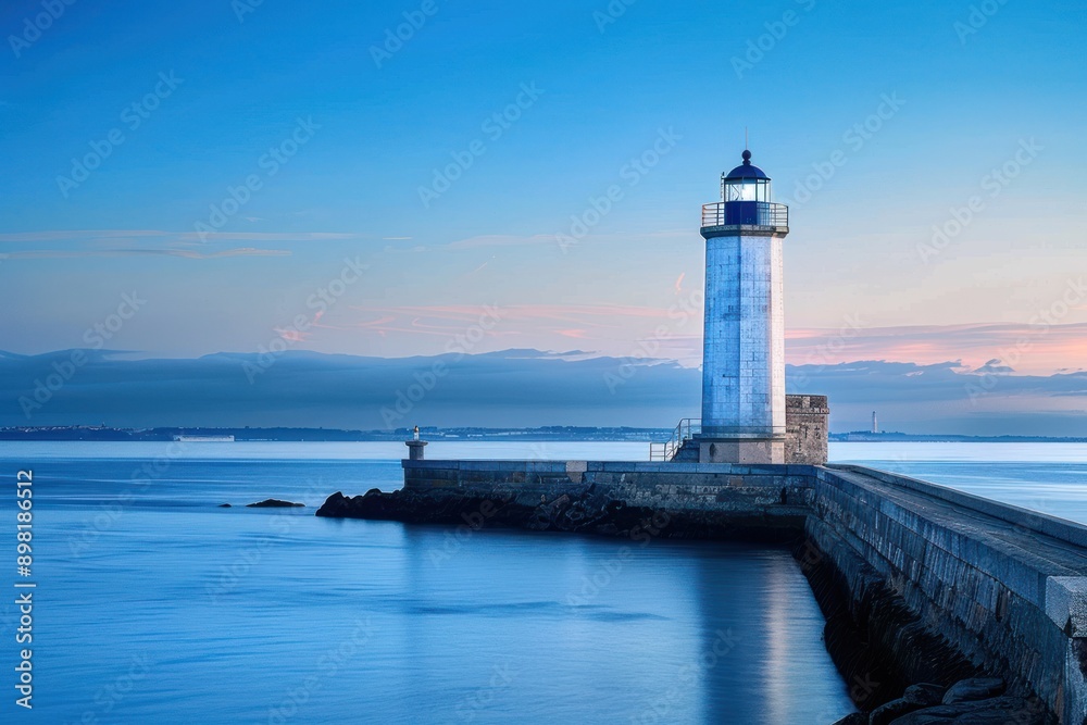 A Lighthouse Stands Tall on a Stone Breakwater at Sunset A Lighthouse Stands Tall on a Stone Breakwater at Sunset