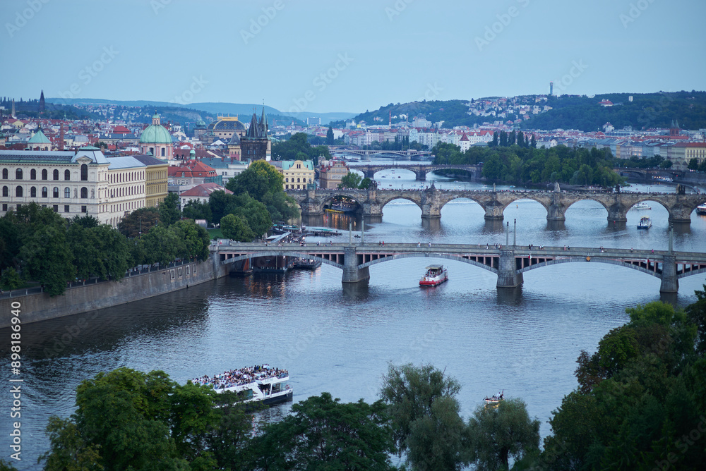Aerial cityscape evening view of Prague, capital of Czech Republic, view from Letna park Aerial cityscape evening view of Prague, capital of Czech Republic, view from Letna park