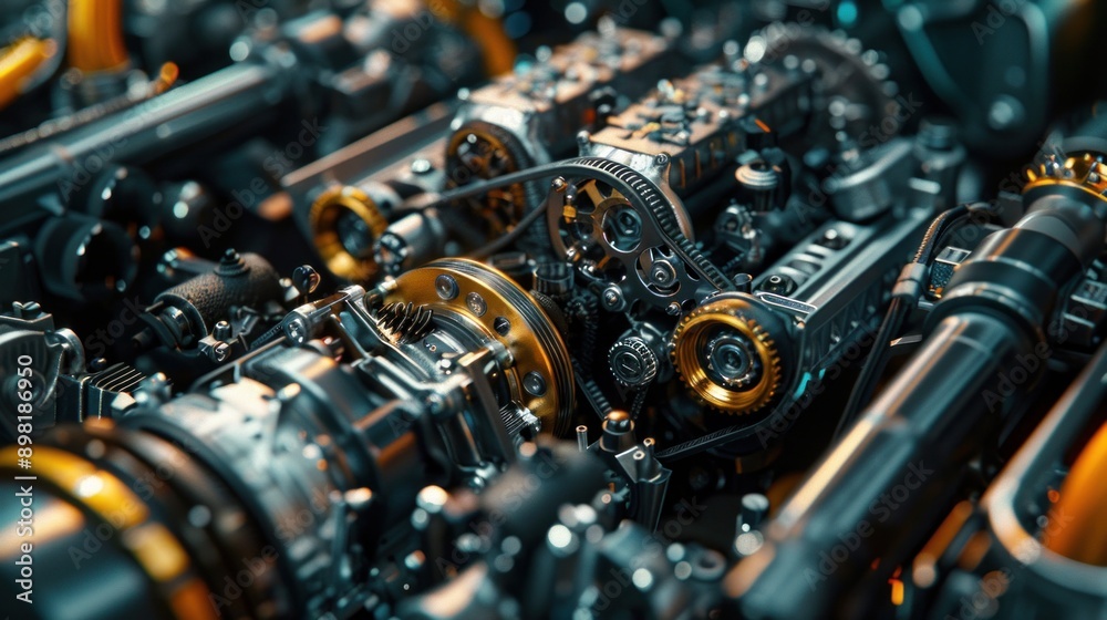 Engine oil and gears closeup, 3D rendering of a gear with oil pouring on it Detailed view of a modern engine being produced at a factory Engine oil and gears closeup, 3D rendering of a gear with oil pouring on it Detailed view of a modern engine being produced at a factory