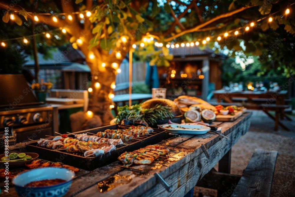 A spread of grilled foods displayed on wooden picnic tables under string lights in an outdoor setting, creating a comfortable and inviting atmosphere for a casual group gathering.