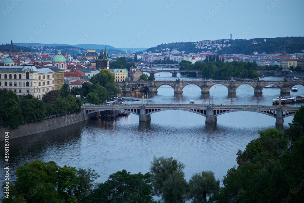 Fototapeta premium Aerial cityscape evening view of Prague, capital of Czech Republic, view from Letna park
