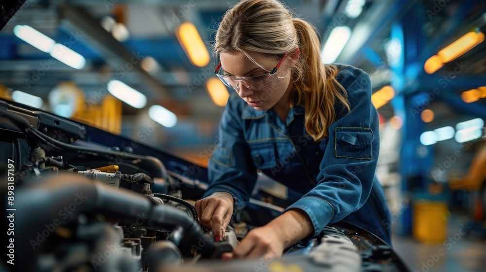 A skilled mechanic meticulously inspects the engine, her expertise evident in every precise movement under the hood of the car A skilled mechanic meticulously inspects the engine, her expertise evident in every precise movement under the hood of the car