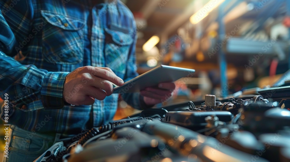 A skilled service mechanic conducts thorough car engine diagnostics using a digital tablet, efficiently assessing the vehicle's condition with precision A skilled service mechanic conducts thorough car engine diagnostics using a digital tablet, efficiently assessing the vehicle's condition with precision