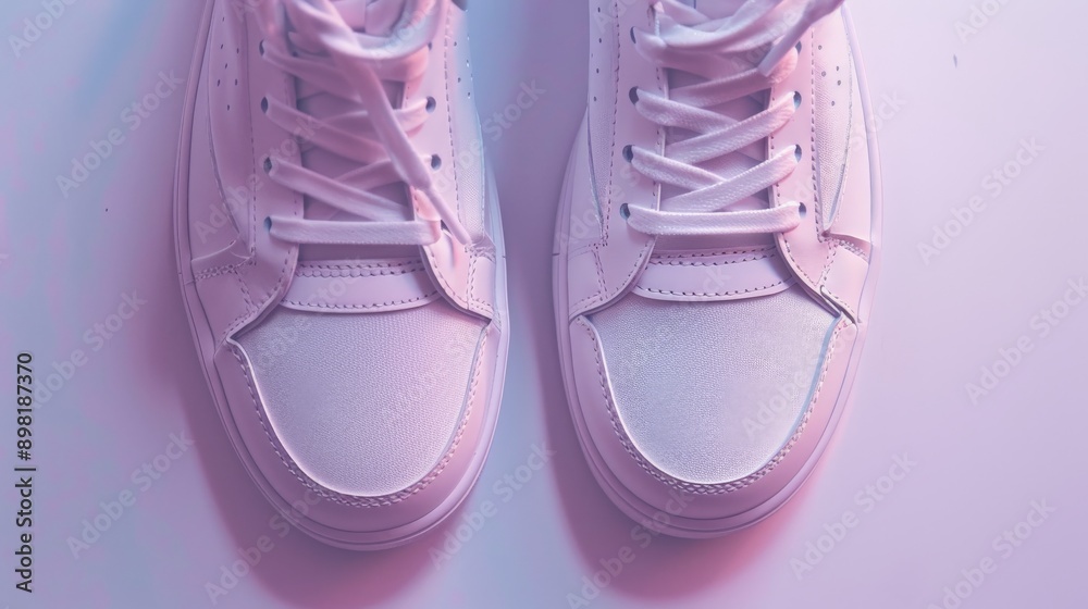 A pair of stylish white sneakers shown against a soft pink hue background. Ideal for casual or sportswear, these shoes demonstrate comfort and trendy design. A pair of stylish white sneakers shown against a soft pink hue background. Ideal for casual or sportswear, these shoes demonstrate comfort and trendy design.