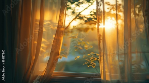 A detail of a bedroom at sunrise, showing soft sunlight filtering in and highlighting the peaceful atmosphere of waking up Sun rays shining through window and into a cozy bed photo