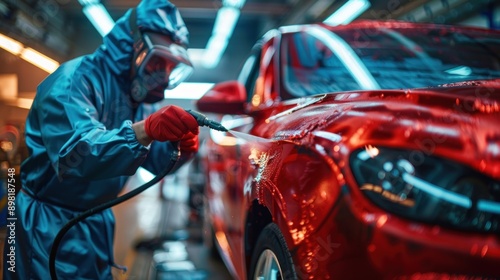 A car painter in a specialized chamber workshop carefully applies metallic paint and varnish to an automobile bumper while wearing protective clothing and a mask to ensure a perfect finish.