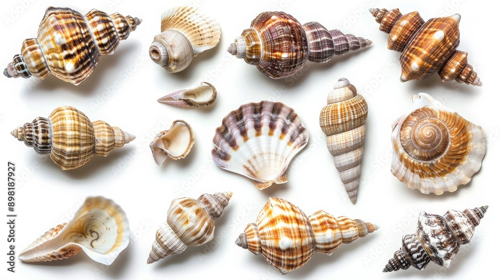 A visually appealing array of assorted seashells with diverse patterns placed on a white background, showcasing the natural beauty and variety of oceanic treasures.