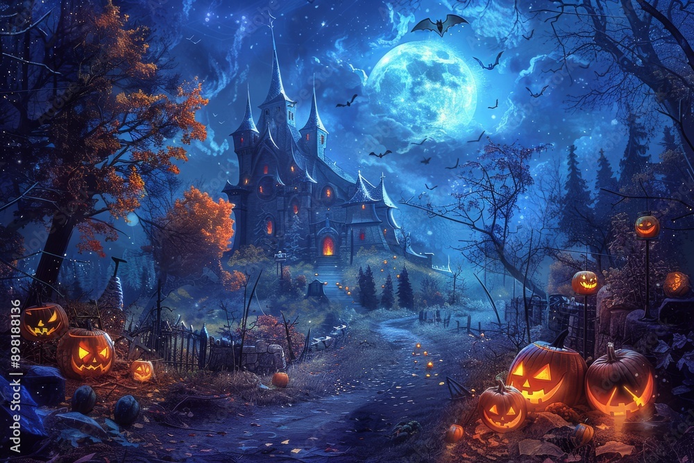 Naklejka premium Halloween night with pumpkins and a haunted castle in the background, a digital art illustration for use as a wallpaper or poster design.