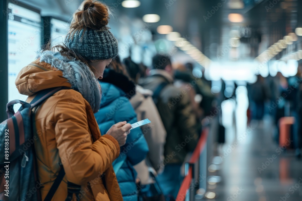 Naklejka premium A woman dressed in winter attire, including a beanie and scarf, stands in a busy terminal while holding her boarding pass and looking at her phone, ready to embark on her journey.