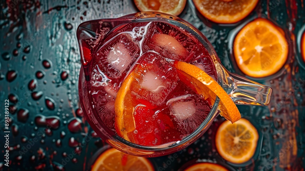 A high-angle view of a glass pitcher filled with a red beverage, ice cubes, and orange slices, with condensation on the glass indicating its coldness. A high-angle view of a glass pitcher filled with a red beverage, ice cubes, and orange slices, with condensation on the glass indicating its coldness.