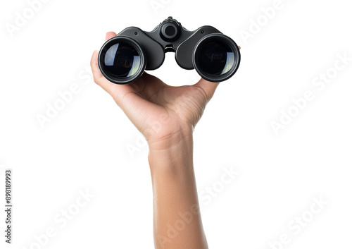 Photography binoculars in hand isolated on transparent and white background, find and search