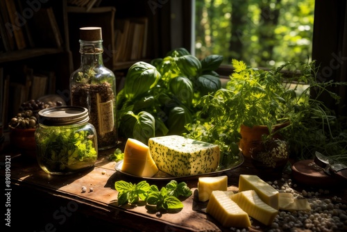 cheese and bottle of oil and fresh leaves of greenery on a table by the window, a beautiful still life in an old country house, rural style