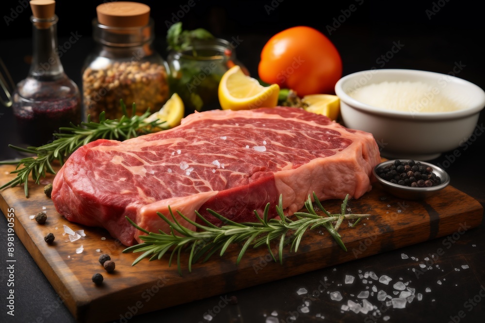 raw sliced meat and vegetables and herbs on a wooden board, delicious food raw sliced meat and vegetables and herbs on a wooden board, delicious food