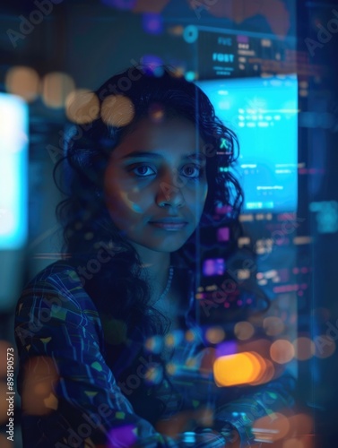 A woman sits in front of a computer in a dimly lit room, focused on her screen