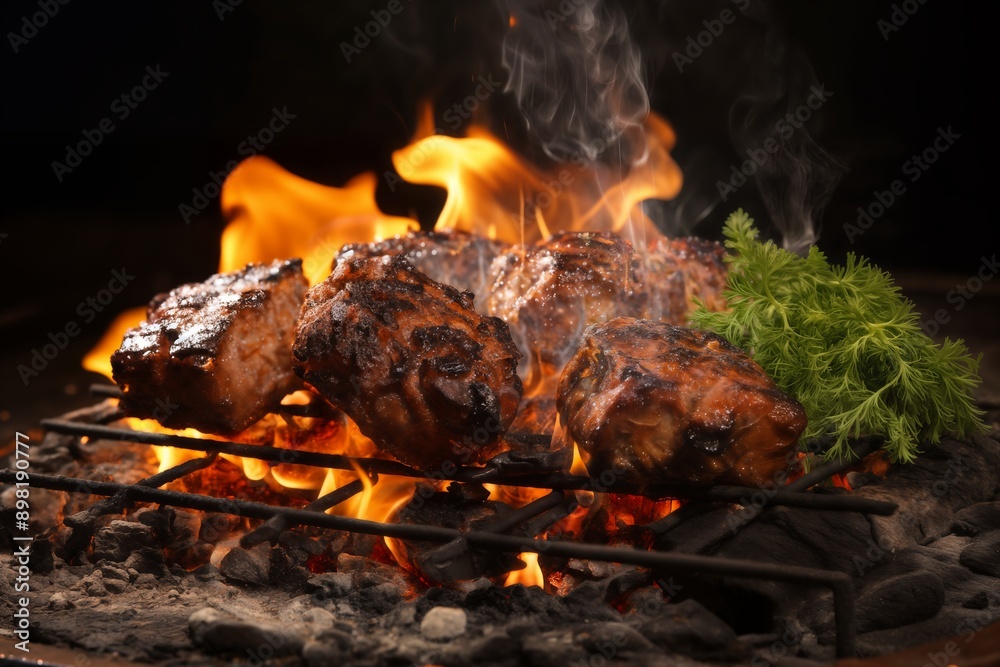 cooking meat on fire, barbecue, flames and smoke, delicious food cooking meat on fire, barbecue, flames and smoke, delicious food
