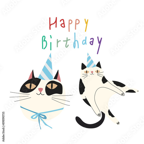 Set of Birthday greeting cards with cute cartoon character animals and colorful confetti background. Adorable playful cats and dog in festive hats. Furry human friends home animals