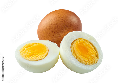 Single whole boiled egg with halved egg isolated on a transparent or white background