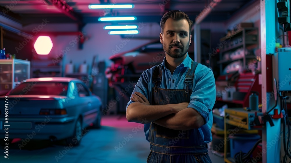 Confident mechanic standing with crossed arms in a modern auto repair shop, featuring a car on a lift and neon lighting.