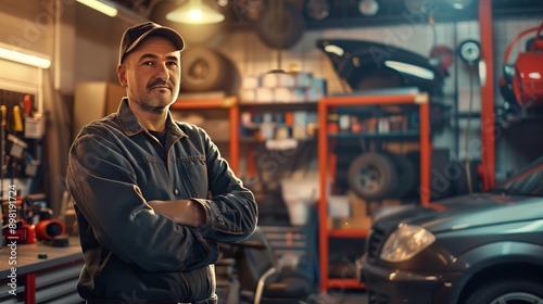 A confident mechanic standing in an auto repair shop, with tools and a car in the background, showcasing expertise and professionalism.