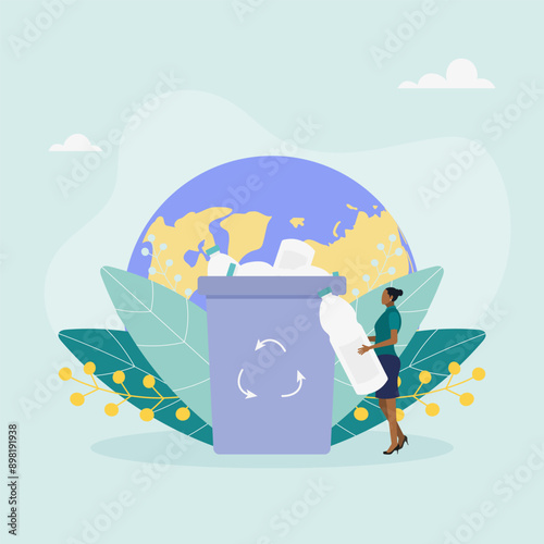 The character sorts garbage into containers for recycling and reuse. Garbage recycling. Zero waste concept. Vector illustration.	
