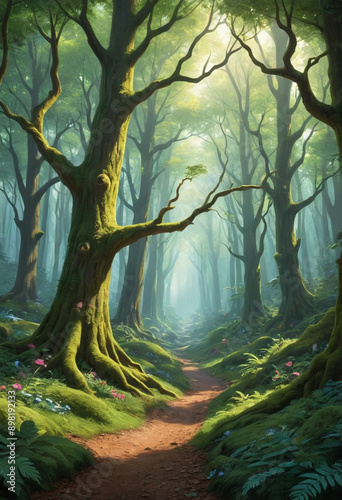  Digital illustration of a magical forest. 