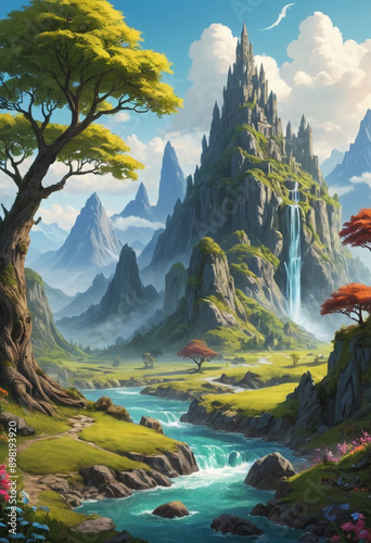  Digital illustration of a mythical landscape. 