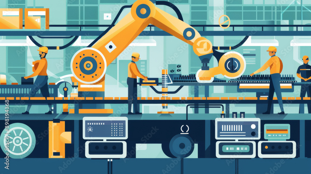 Workers in a high-tech manufacturing plant operating automated machinery