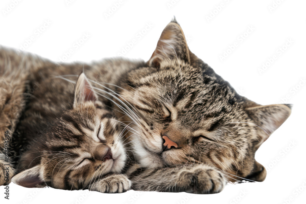 Fototapeta premium Newborn kittens snuggled up to their mother cat. Isolated on a white background.