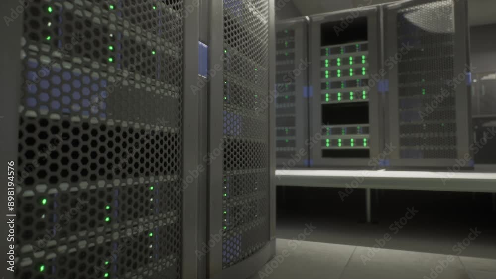 A server room filled with numerous glowing green lights, indicating active servers and network activity. A server room filled with numerous glowing green lights, indicating active servers and network activity.