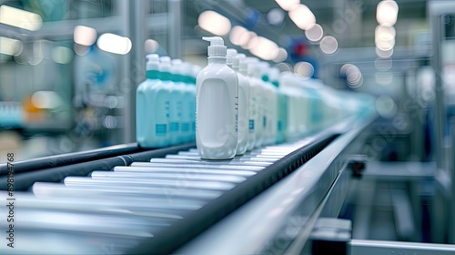 Cosmetics in bottles in production. Selective focus.