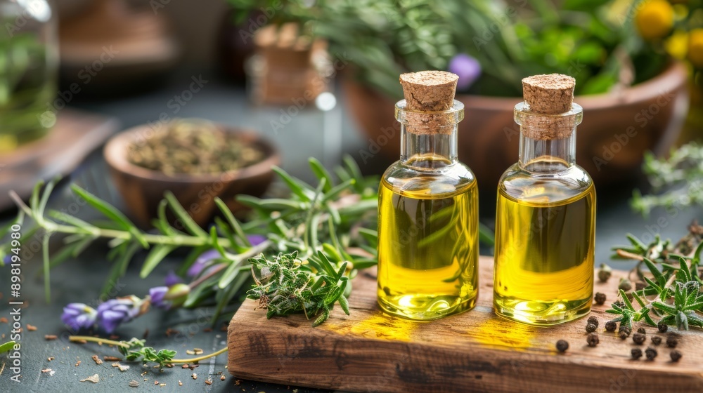 Bottles of Olive Oil with Fresh Herbs Bottles of Olive Oil with Fresh Herbs