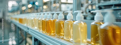Cosmetics in bottles in production. Selective focus.