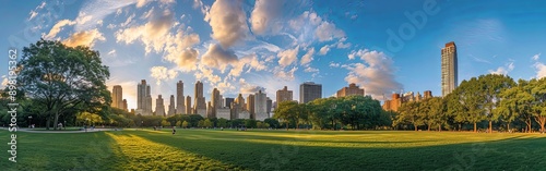 Sunset Aerial View Over Central Park with Skyscrapers