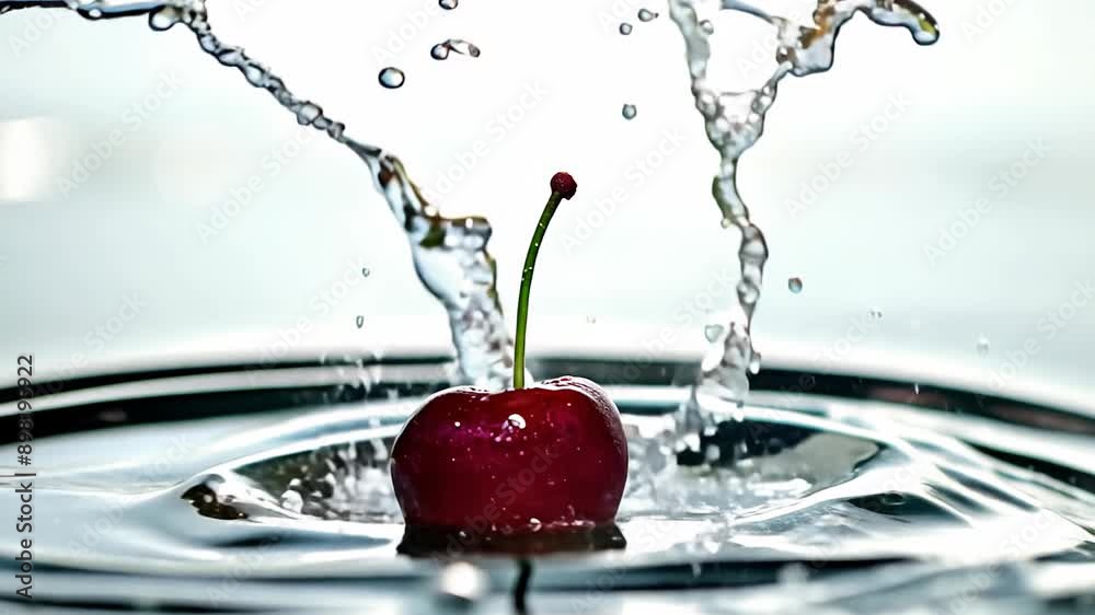 red cherries plunge into the water surrounded by splashes and bubbles. Bright and juicy fruits