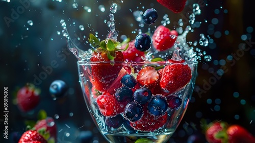 A high-speed photo of multiple berries (strawberries, blueberries, raspberries) falling into a cocktail glass, resulting in a colorful, chaotic splash. photo