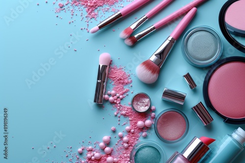 Makeup Products Arranged on a Blue Background