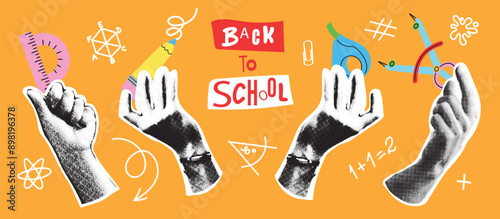 Back to school collage hands set. Halftone hands holding stationery. Trendy vector gesture signs. Modern forms for card, print on cloth.