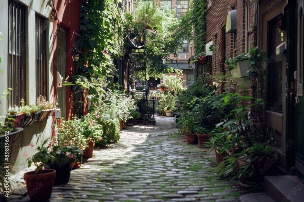 Cobblestone Pathway Through a Lush, Greenery-Filled Alleyway Cobblestone Pathway Through a Lush, Greenery-Filled Alleyway