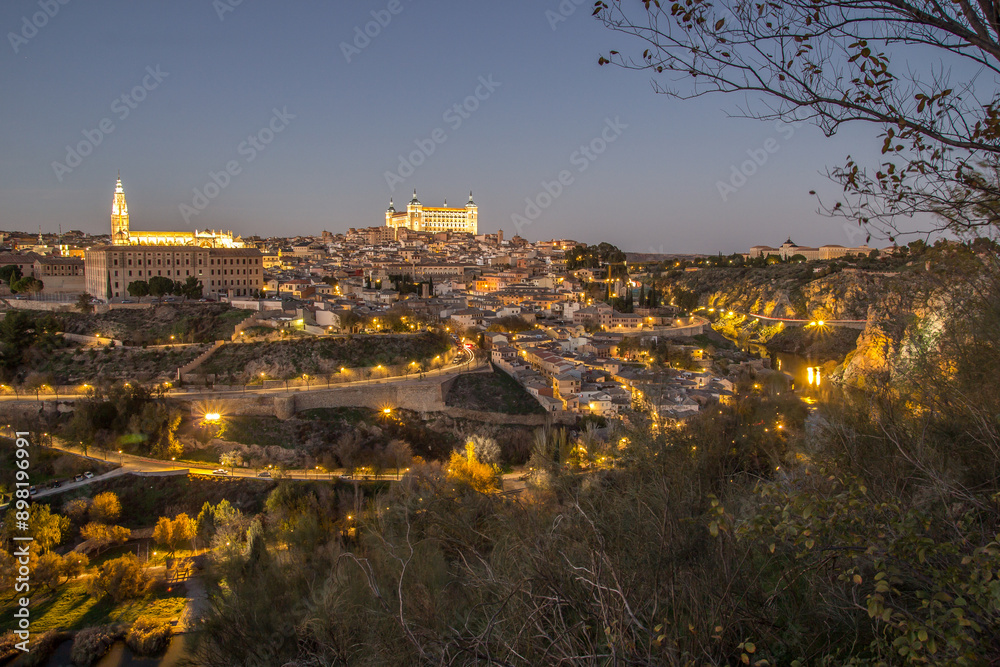 Obraz premium Nigh view of the city of Toledo from the other side of the Tagus river, among the vegetation