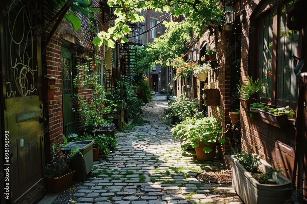 Fototapeta premium Sunlit Brick Alleyway with Greenery and Cobblestone Path